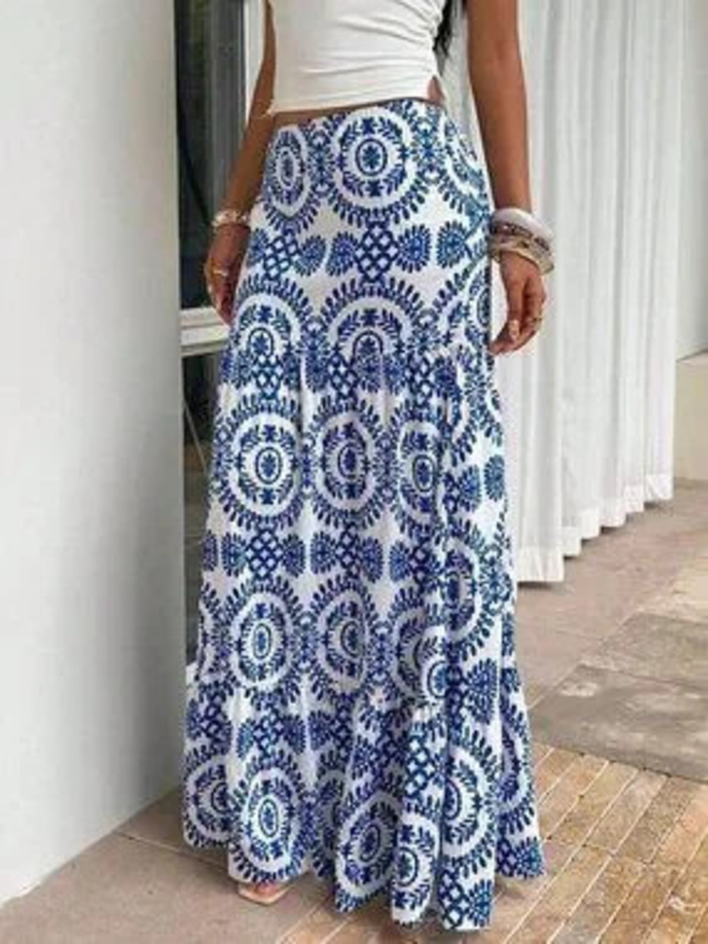 ZARA Blue And White Boho Women's Full Print Casual Loose Low Waist Skirt